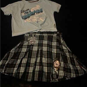 Disney Light Blue Graphic Tee and Black Plaid Skirt Set